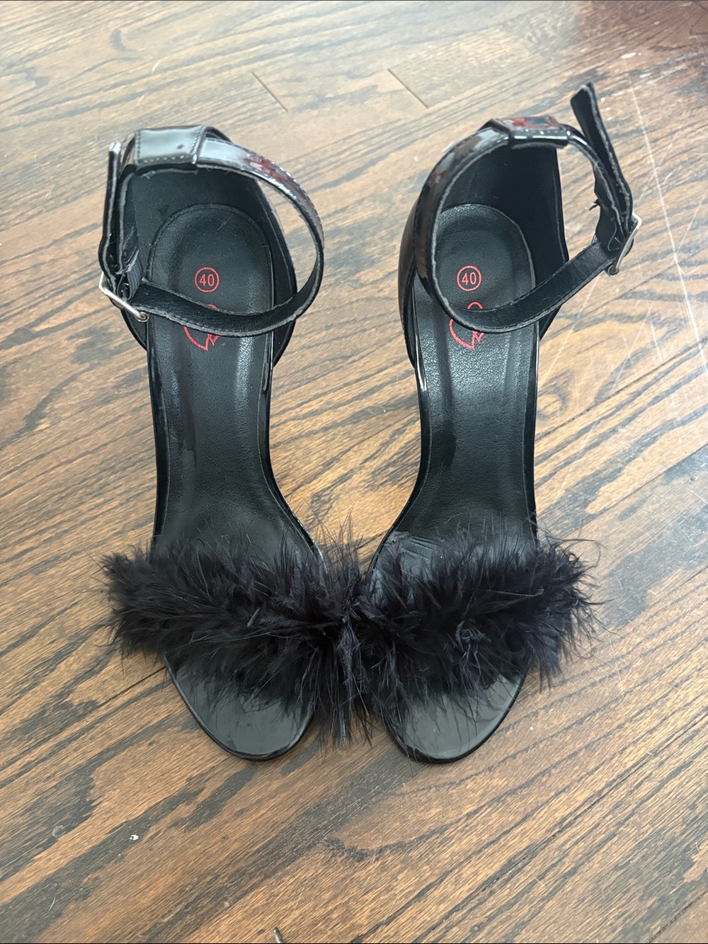 Black Feathered Strap High Heel Sandals - Women's